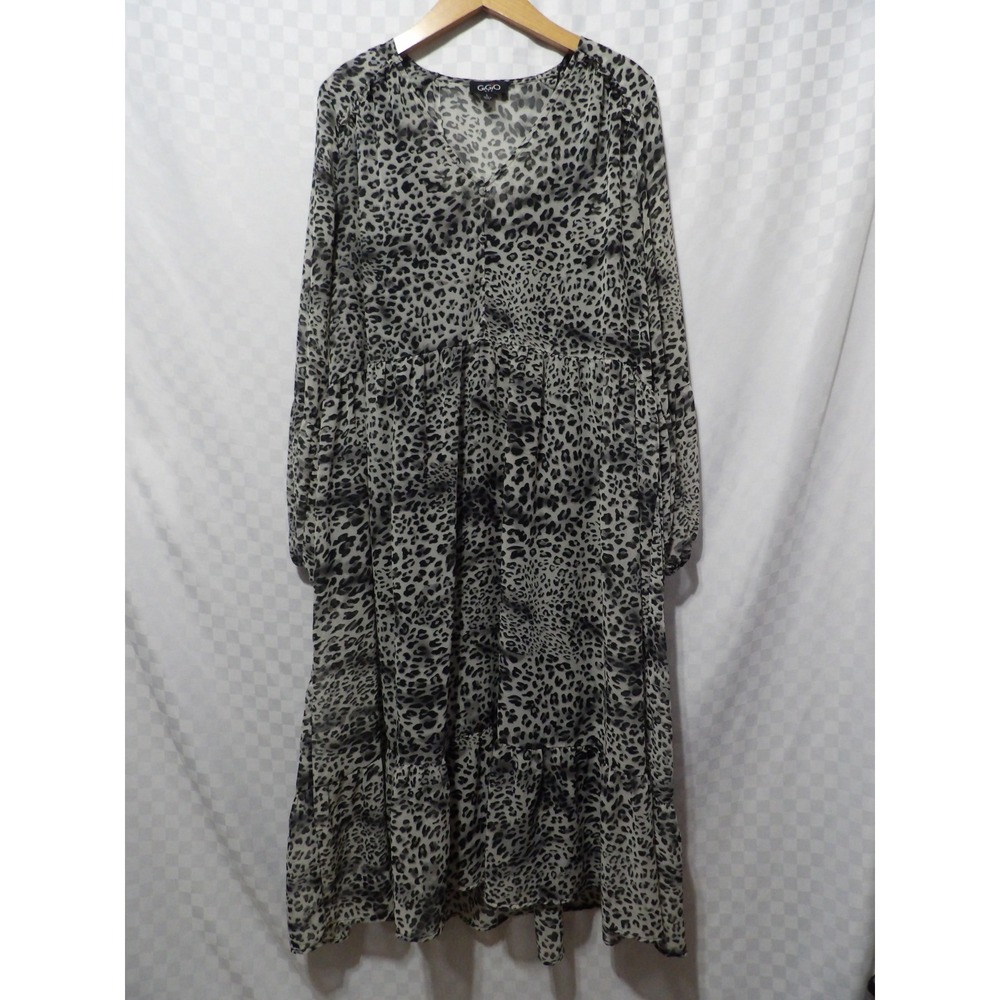 GIGIO Tiered Long Sleeve Leopard Print Dress | L